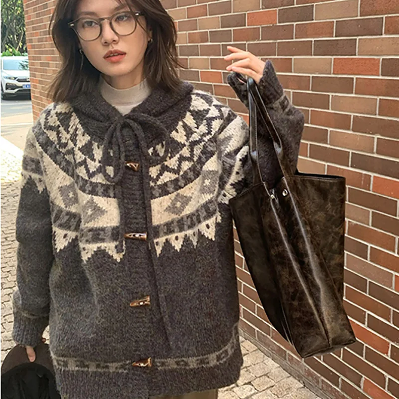 Jersey para niña, cárdigan de punto con botones de cuerno Retro, suéter de Jacquard Fair Island, chaqueta, prendas de punto de estilo Preppy para mujer, Otoño Invierno