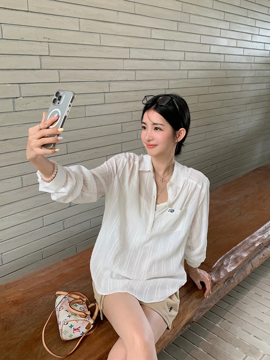 

MUKOK Breathable Pure Cotton Thin Women's Shirt Spring New Style Full Sleeve Neck Design White Stripes Casual Fashion