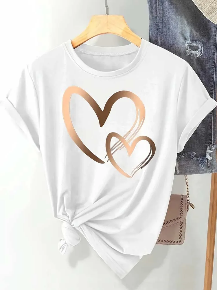 2026 Summer New Fashion Women's Heart Printed T-shirt Trendy Casual Round Neck Top Short Sleeves Women T-shirt Women Clothing