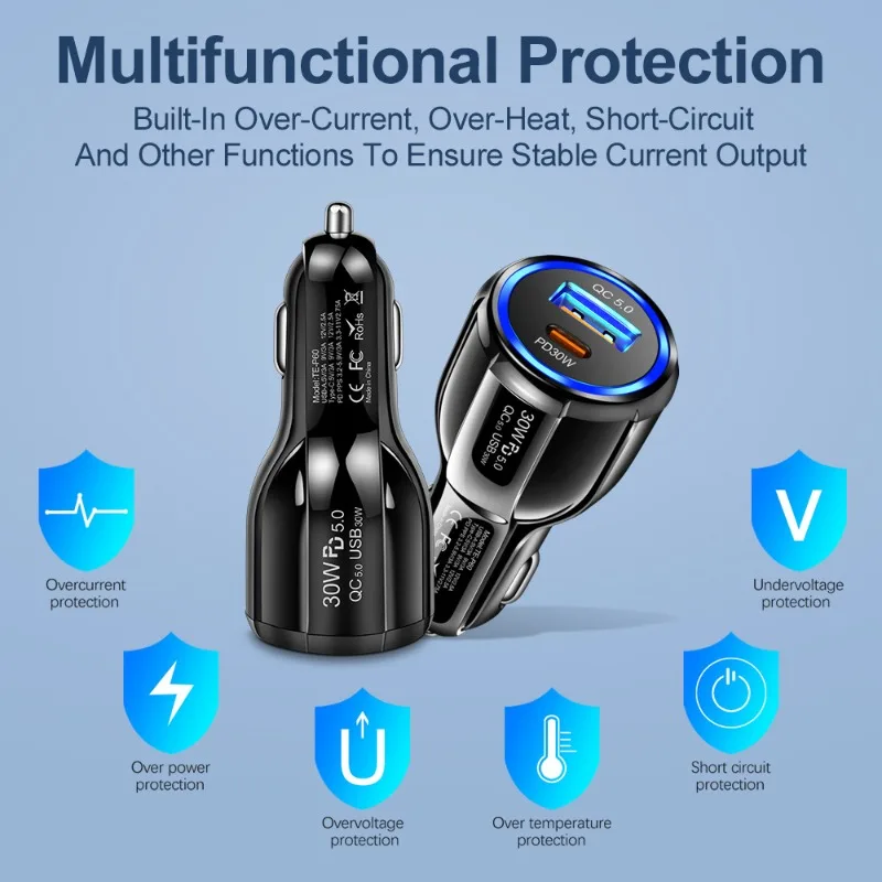Caricabatteria per auto 48W60W Caricabatteria per auto a 2 porte Ricarica rapida QC3.0 QC5.0 PD20W PD30WCar Carica flash per accendisigari per telefoni