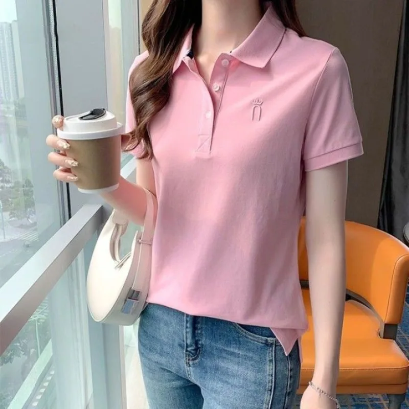 Woman T Shirt Embroidery Graphic Baggy Button Polo Neck Women Offer Aesthetic Hot Korean Clothing High Quality Polyester Pretty