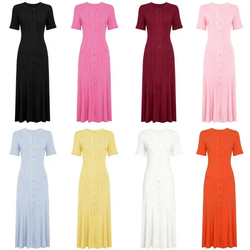 

High-End Quality Women's Knitted Long Dress Short Sleeve Slimming Style Midi Dress Casual round Neck Single Button Closure