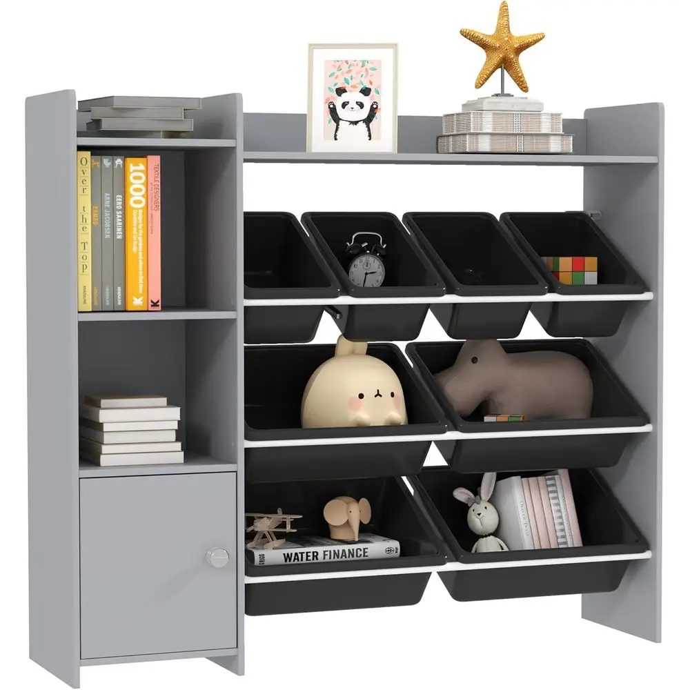 

Gray 8-Bin Toy Storage Organizer with 2 Cubbies for Kids' Books and Playroom