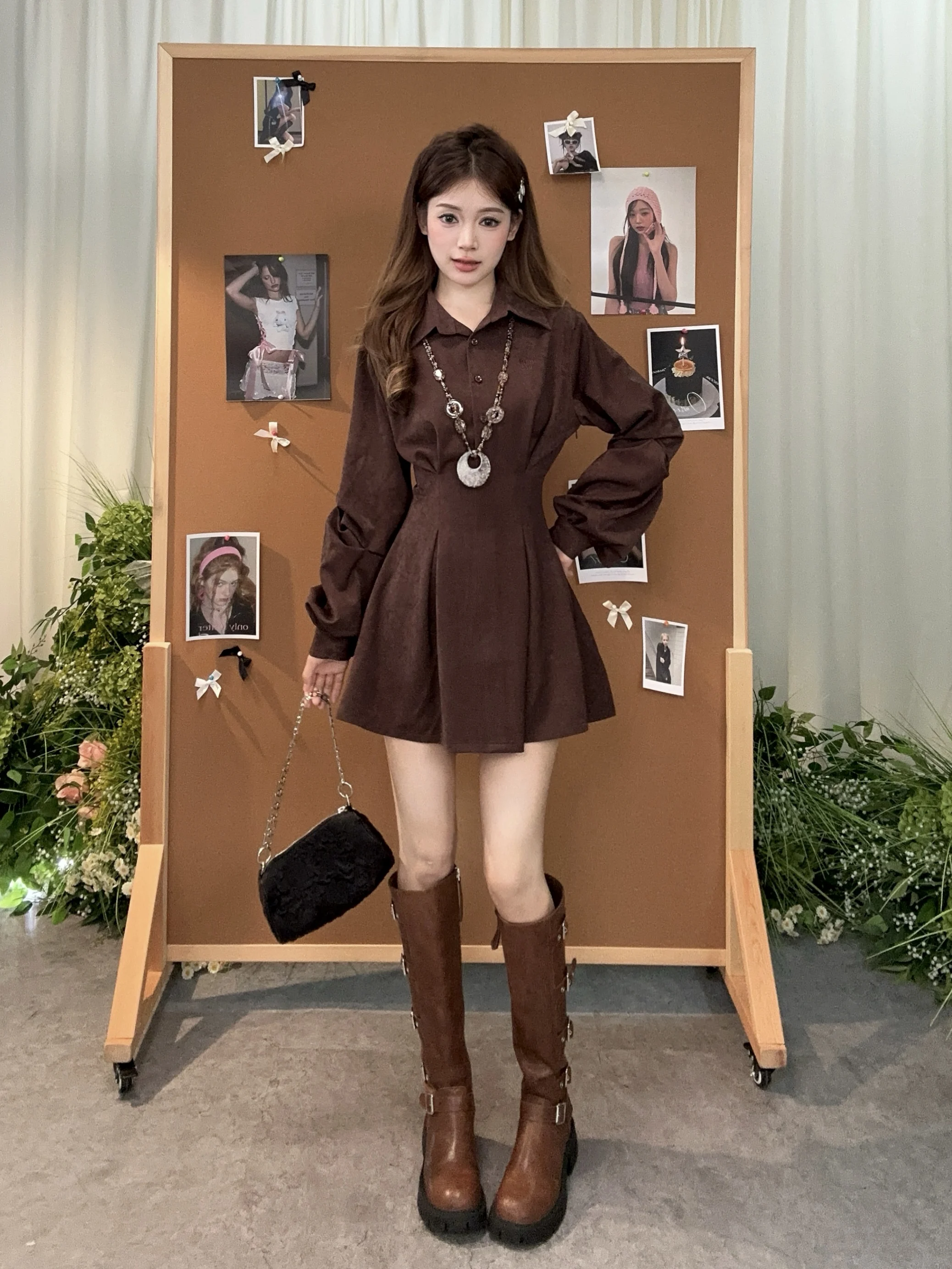 

MOXI Spicy Girl Brown Long Sve irt Dr Waist Cinched ort Dr Женские осенне-зимние юбки ort Юбки с воротником