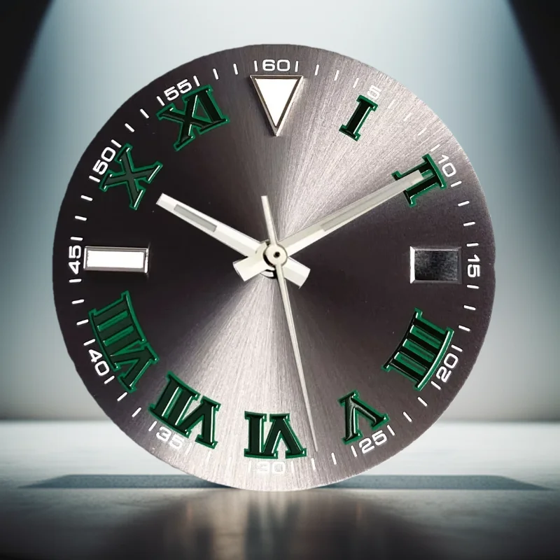 Esfera de reloj gris de 29mm, números romanos verdes compatibles con oyster perpetuo NH35A NH36A, accesorios de reloj de mano de alta calidad