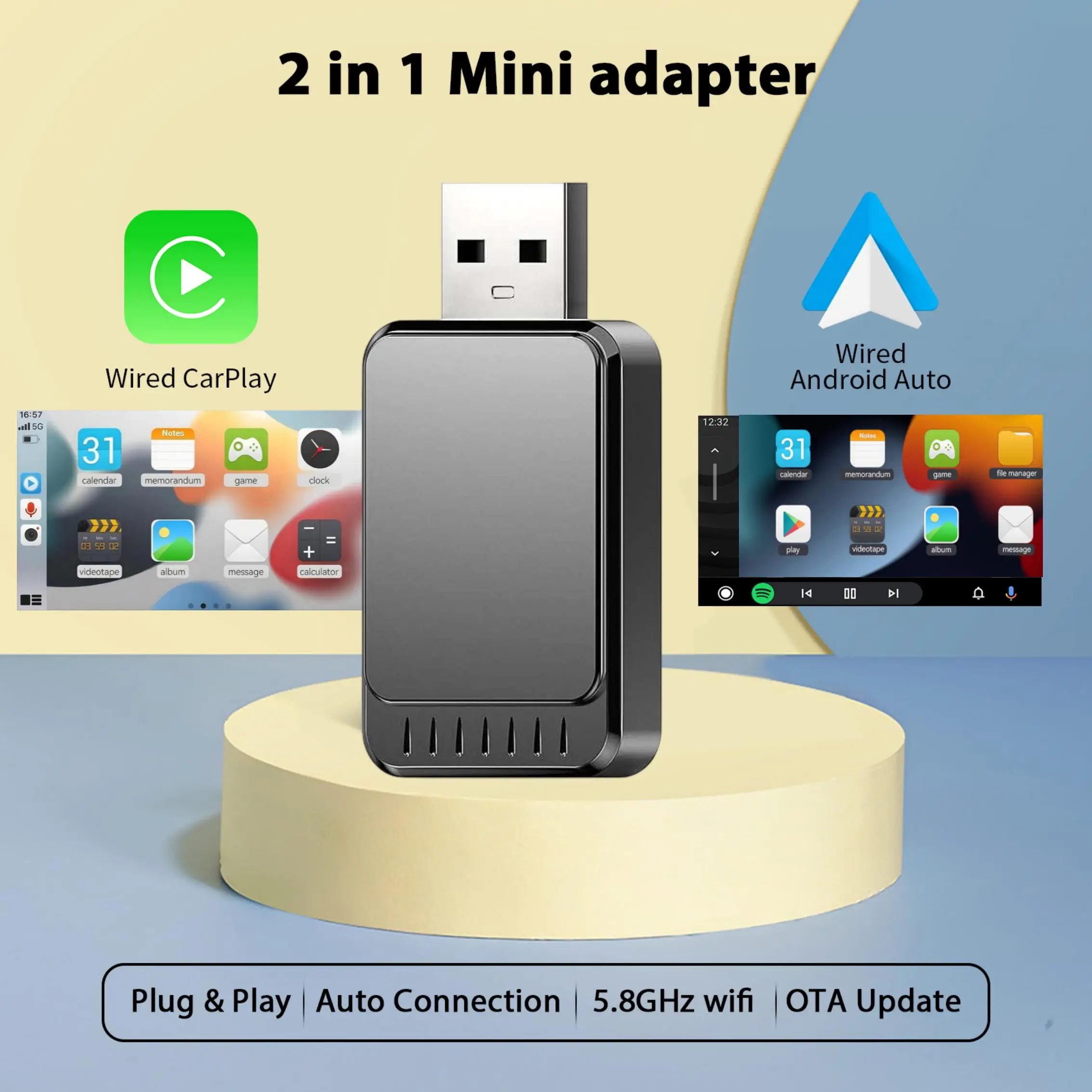 

Pionray 2in1 Беспроводной адаптер CarPlay Android Auto AI Smart Box Автомобильные интеллектуальные системы для VW Toyota Nissan Honda Ford Benz