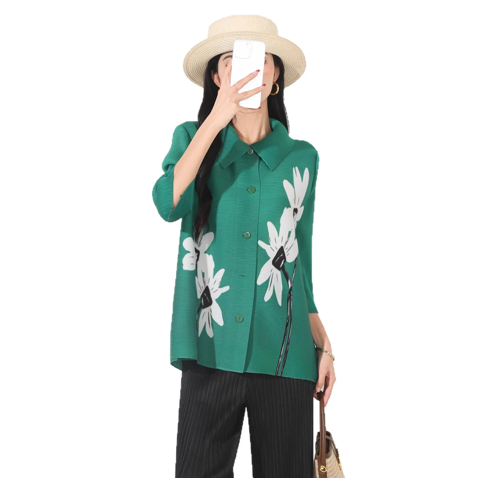 Miyake Flower Printed Shirt Women Lapel Single Breasted Three Quarter Sleeves Pleated Shirts Female New Fashion Clothes