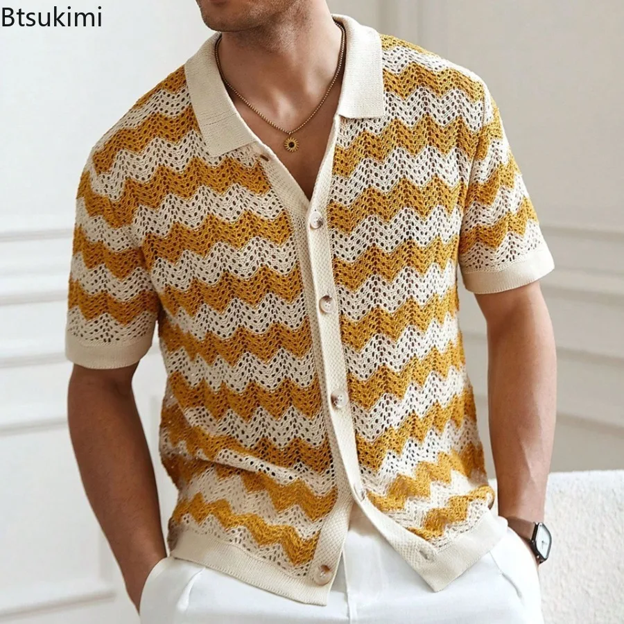

Summer Men's Knitting Shirts Vintage Hollow Out Jacquard Corrugated Knit Cardigan Tops Fashion Short Sleeve Buttoned Polo Shirts