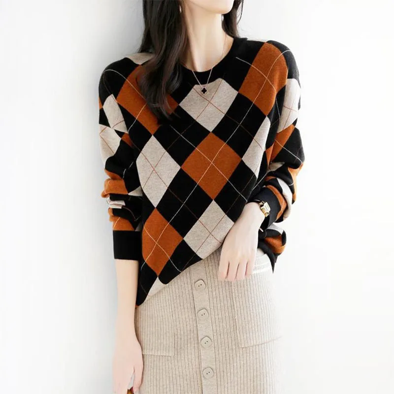 Korean New Fashion Argyle Panelled Sweaters Long Sleeve O-Neck Spring Autumn Loose Pullovers Vintage Casual Women Knit Sweater