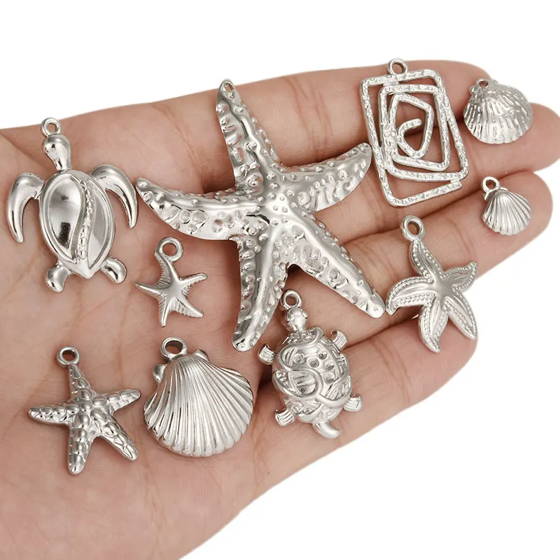 Never Fade 5pcs Silver Color Marine Organism Coral Conch Sea Shell/Turtle/Horse Charm Stainless Steel Pendant For Jewelry Making