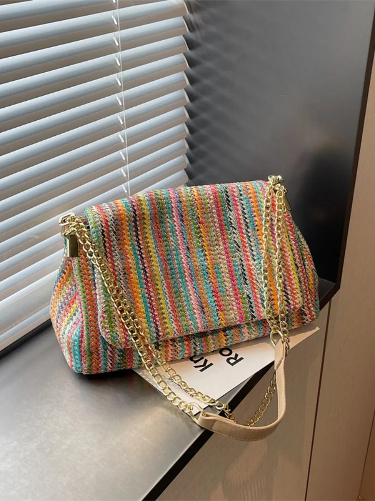 

Handwoven Rainbow Straw Bag Summer Women's Flap Crossbody Bag Beach Vacation Chain Underarm Bag Casual Style Daily Shopper Bag