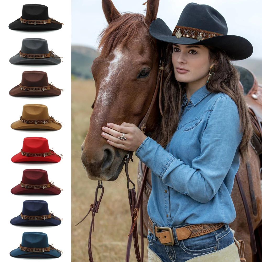 

Men Women Woolen Western Cowboy Hats Wide Brim Sunhats Party Travel Sombrero Outdoor Caps Classical Retro US Size 7 1/4 UK L