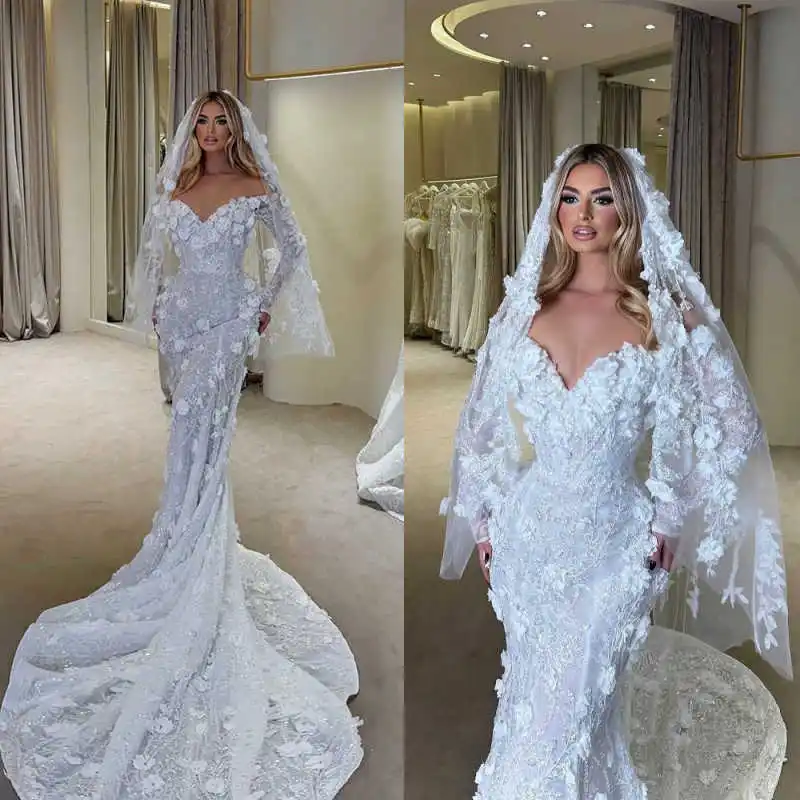 Gorgeous Mermaid Wedding Dress V Neck 3D Flowers Appliques Ruffled Bride Dress Customized Bridal Gowns