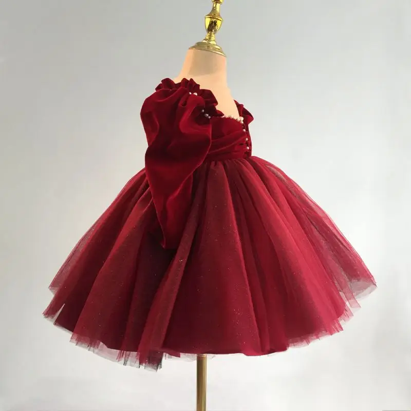 Newborn Baby Girl Princess Xmas Red Pearl TuTu Dress Puff Long Sleeve Child Tulle Vintage Winter Evening Gown Baby Clothes 1-12Y