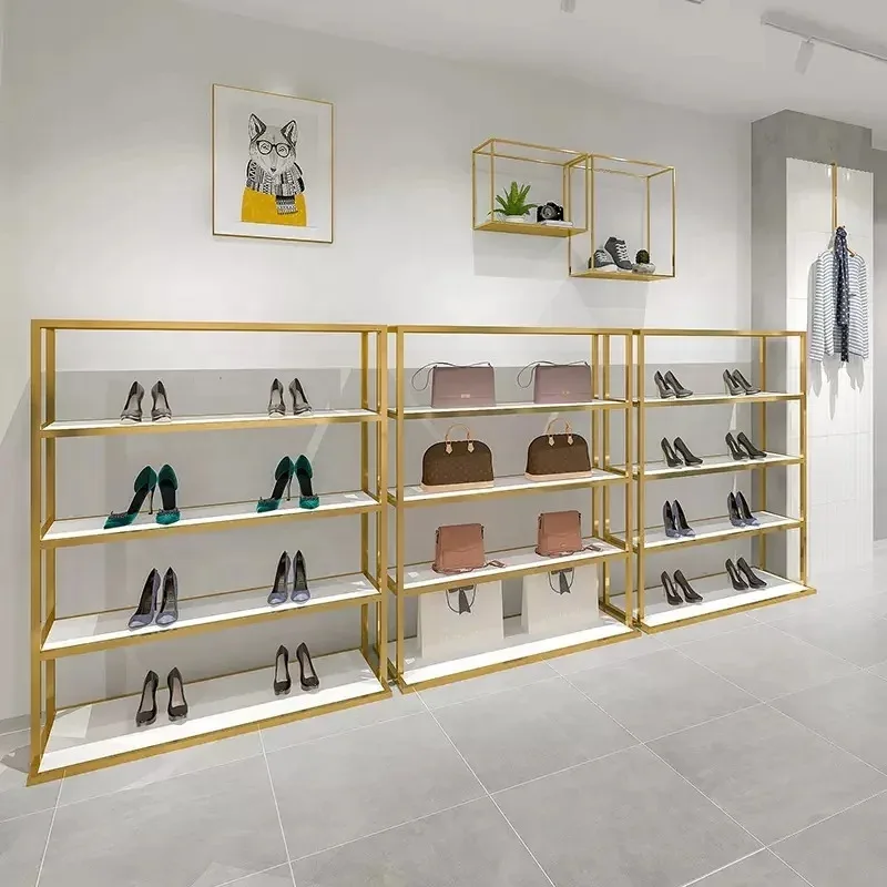 

Высококачественная индивидуальная подставка-органайзер для обуви из нержавеющей стали в скандинавском стиле, экономящая пространство, для бутиков.