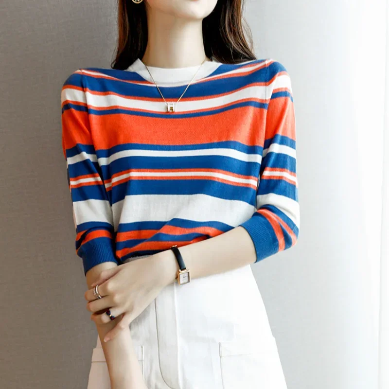 

Women's Early Autumn New Crewneck Knit Pullover Vintage Style Contrast Stripes Splicing Loose Versatile Seven-point Sleeves Tops