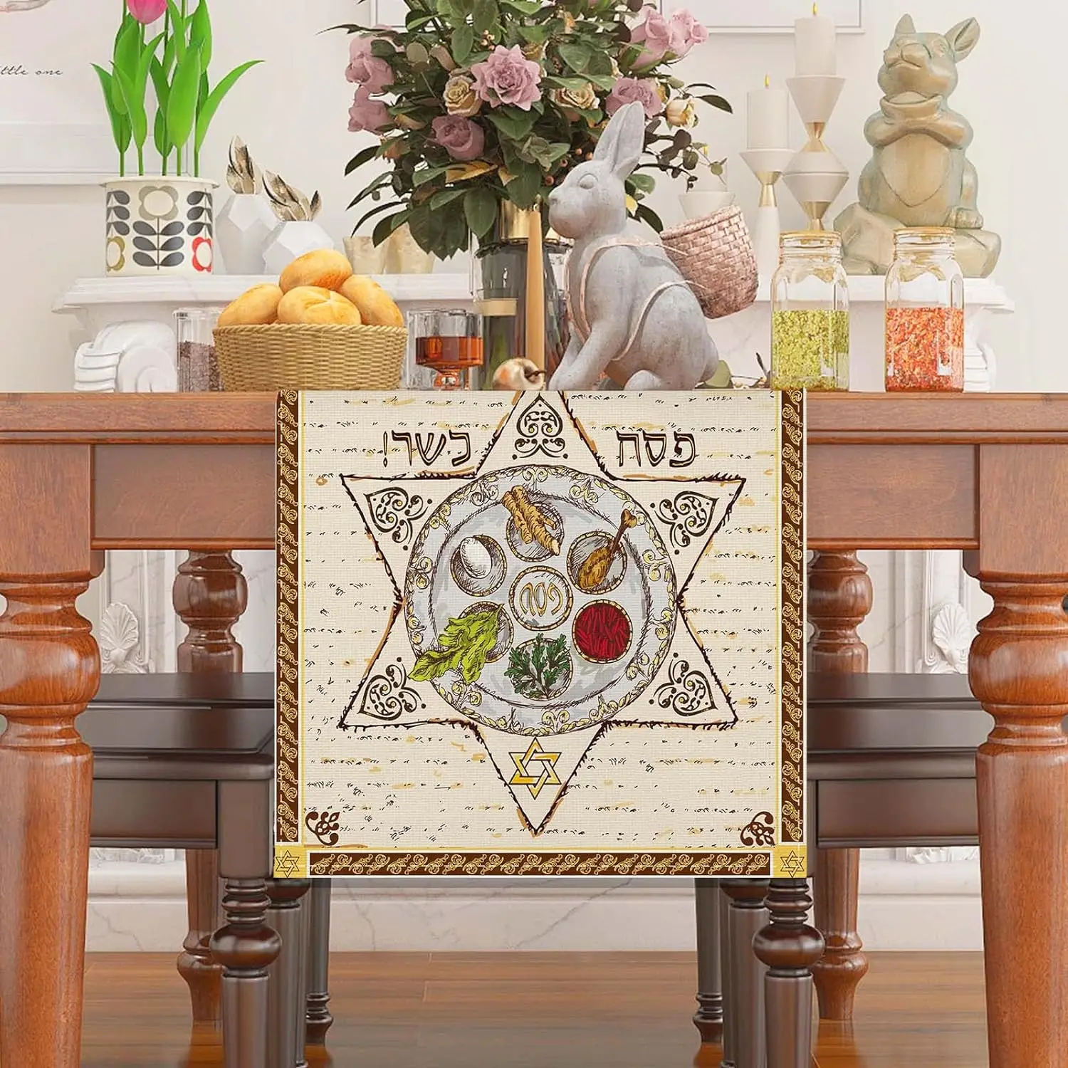 Happy Passover Linen Table Runner Party Decor Jewish Pesach Seder Plate Matzo Hexagram Dining Table Runners Passover Decorations