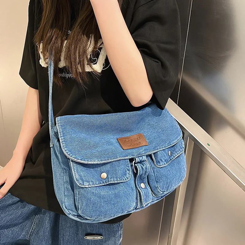 

Hong Kong-style artistic denim women's bag, multi-pocket large-capacity crossbody bag, large student class bag