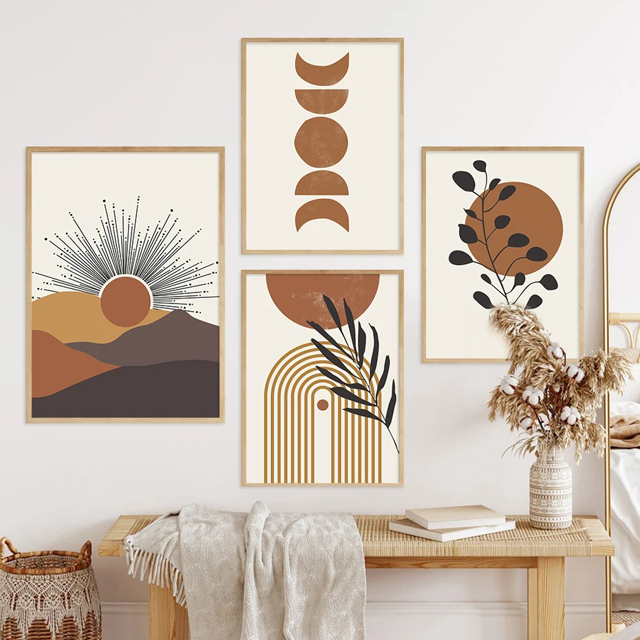 Boho Abstract Geometric Leaves Line Posters Beige Mountain Wall Art Canvas Painting Print Pictures Living Room Home Decoration