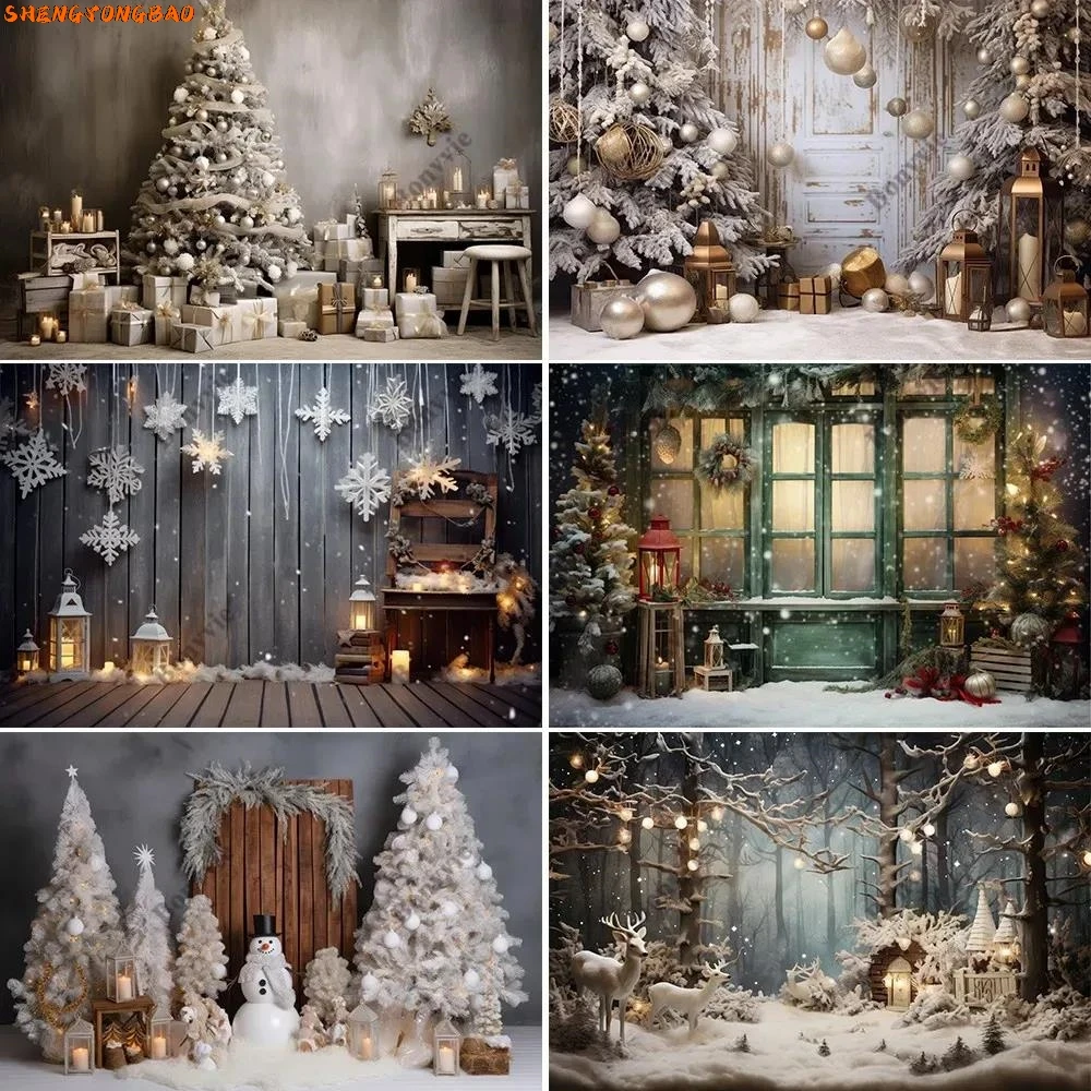 

Christmas Photography Backdrop Xmas Fireplace White Christmas Tree Gifts Pine Trees Family Party Studio Photo Background