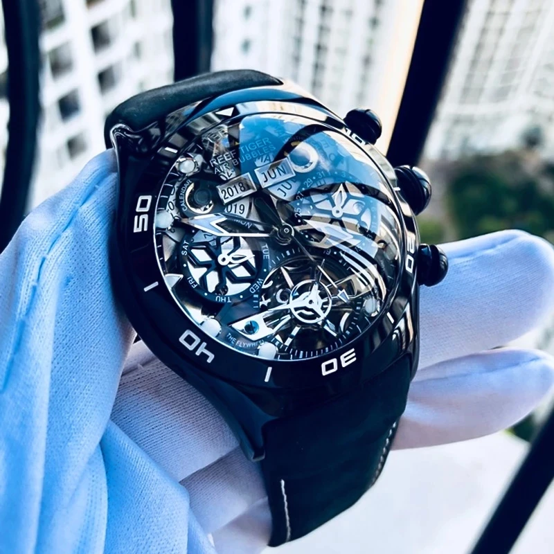 Reef Tiger/RT reloj mecánico deportivo para hombre, reloj esqueleto automático, reloj Tourbillon resistente al agua de acero, reloj para hombre