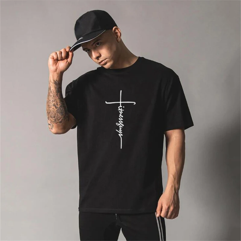 Men Summer Oversized Loose Dropped Shoulder Gym Fitness Pumping iron Bodybuilding Short Sleeve Printed Casual Top Cotton T-shirt