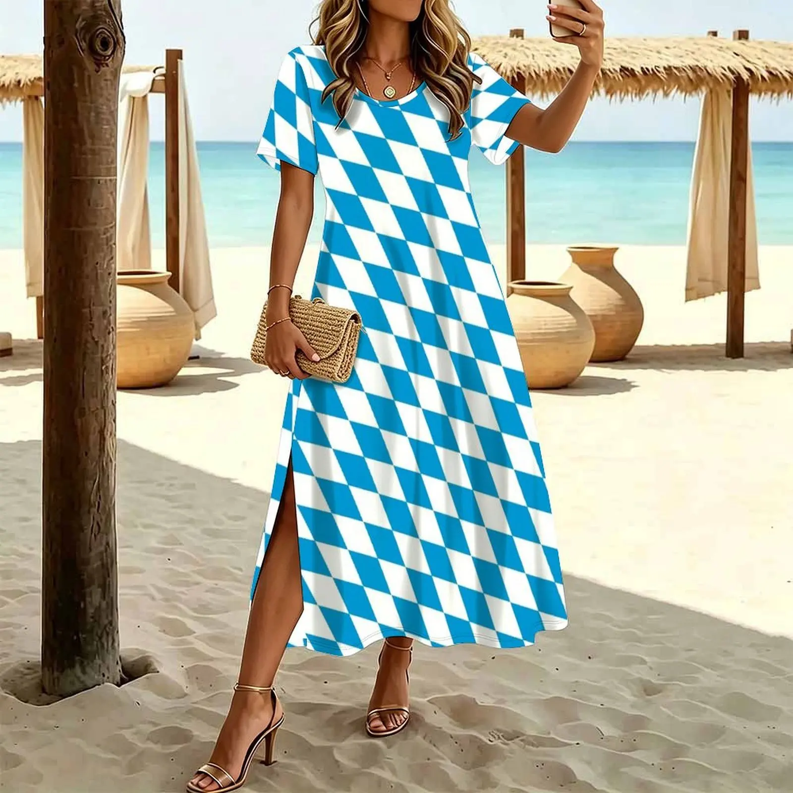 Bavarian check Women's Round Neck Short Sleeve Split Long Dress