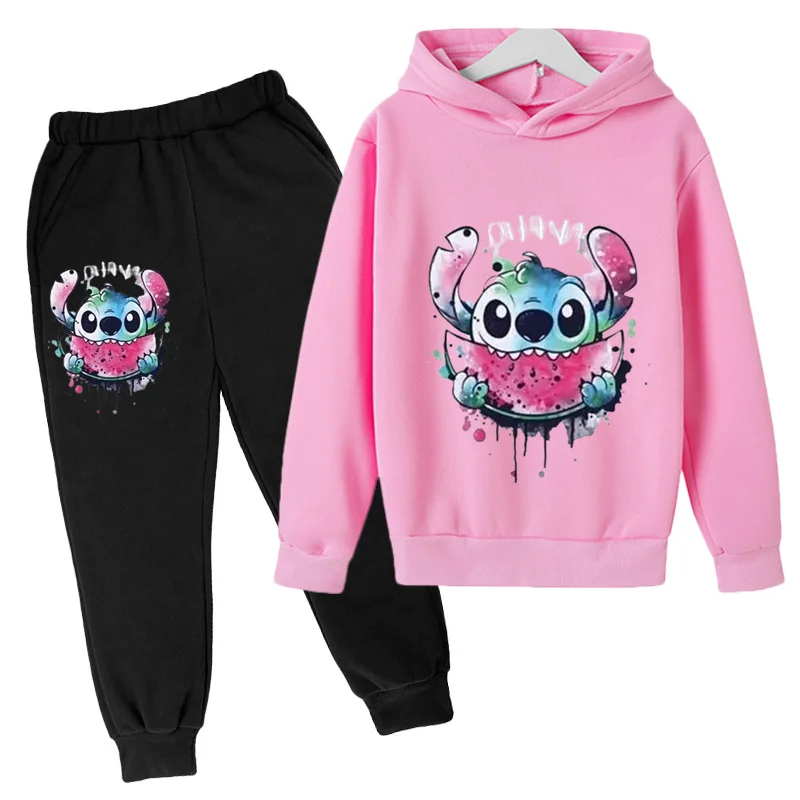 Kids Spring and Autumn Hoodies, casual sports two-piece set for boys and girls aged 3-12, 2D printed Stitch hot selling top and