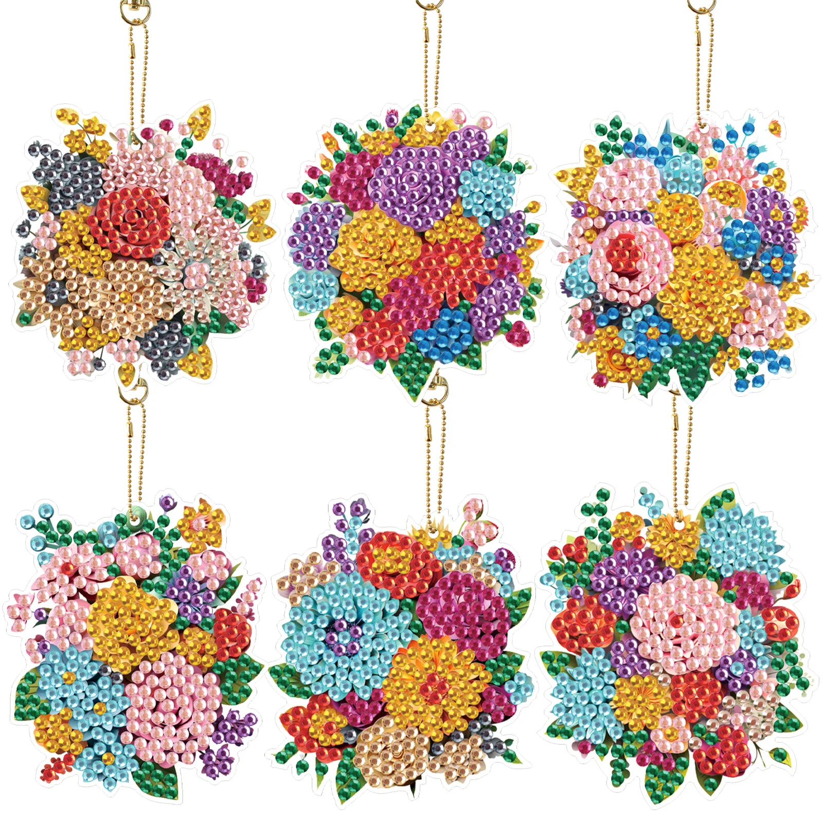 Kit de llaveros con pintura artística de diamantes, ramo de flores, adornos artísticos de diamantes DIY, bolsa, colgante de llave, decoración artesanal, regalos hechos a mano, 6 uds.