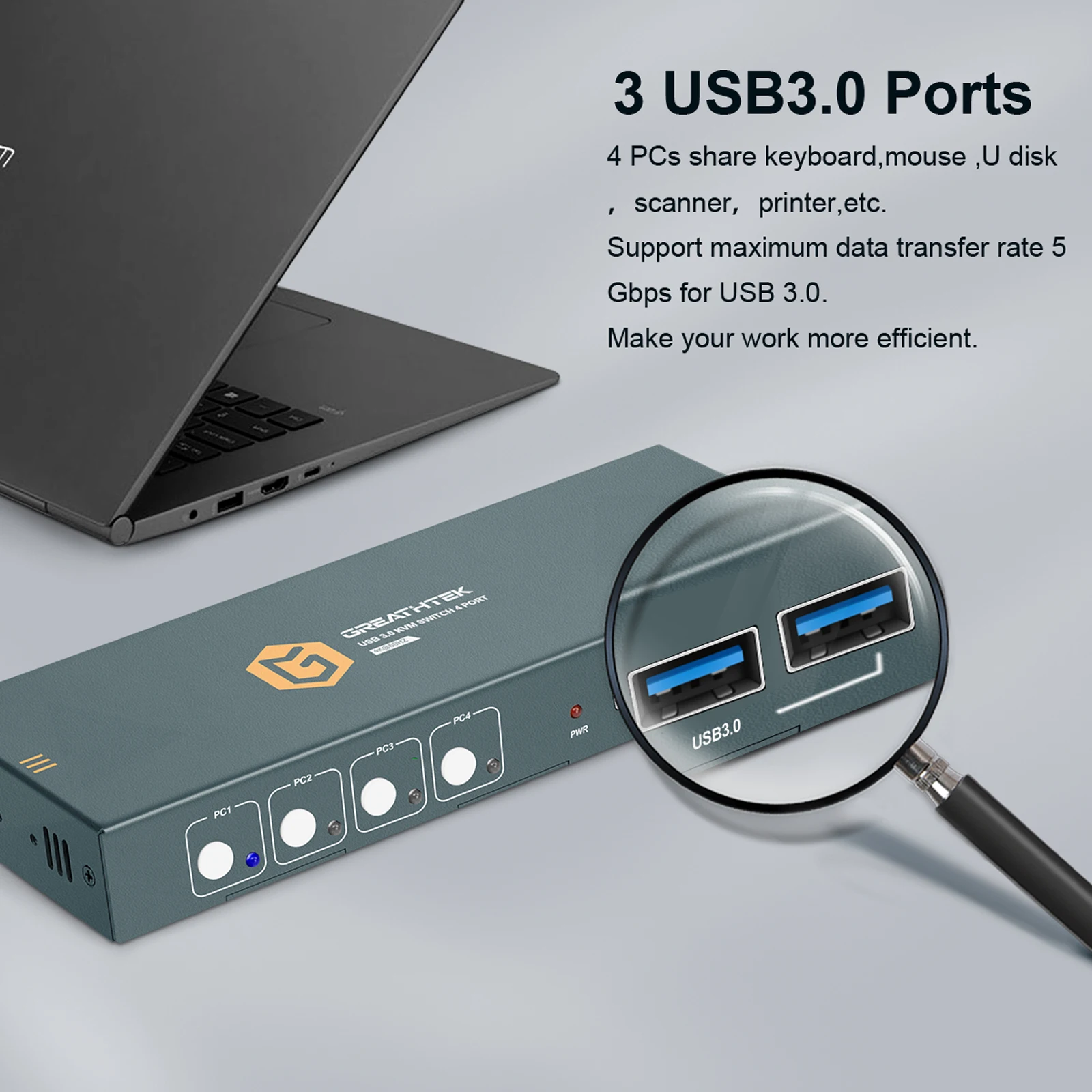 4 Port KVM Switch USB2.0 4K30Hz 4 in 1 Out 8 PCs Sharing with One Set of Keyboard Mous Plug and Play