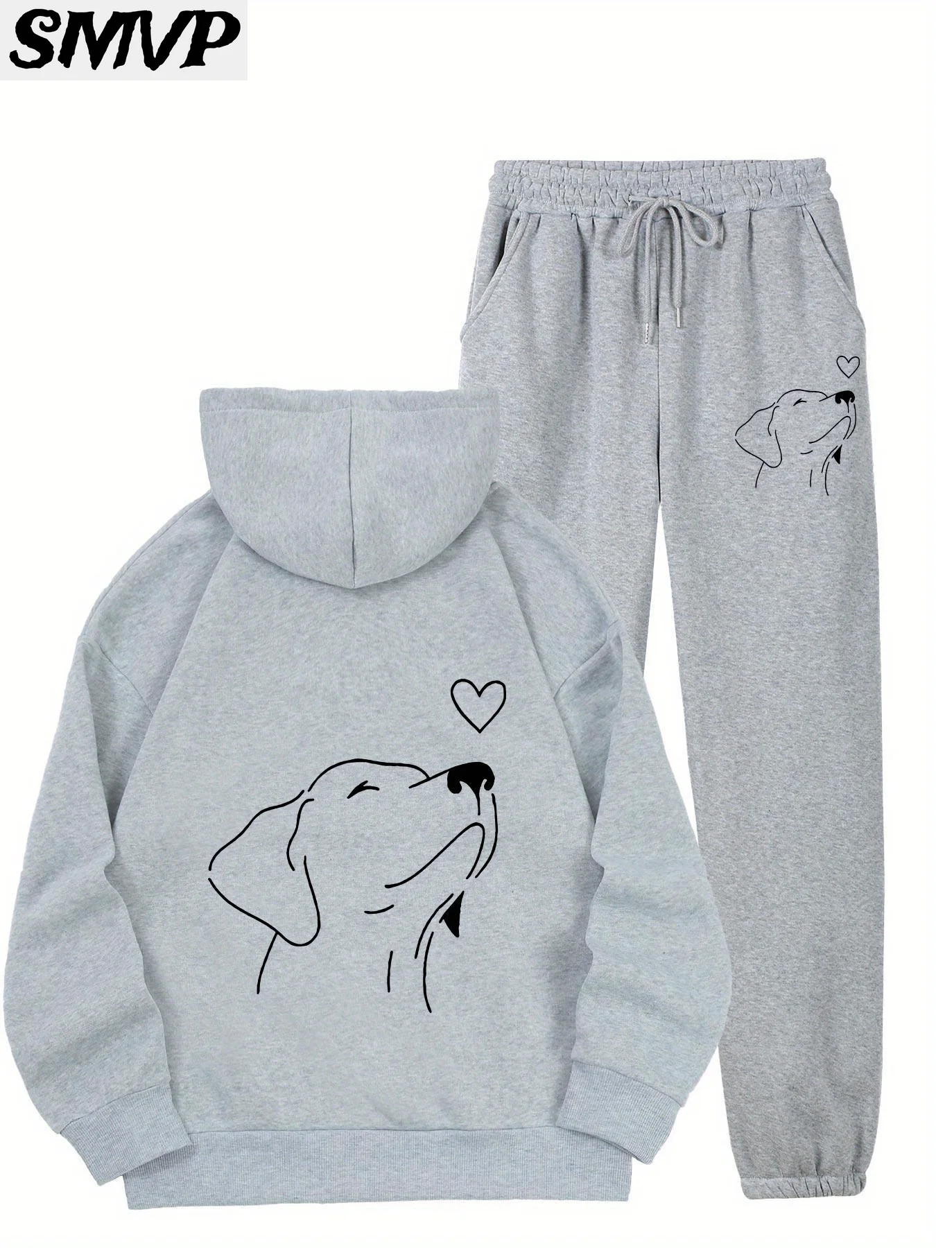 SMVP طقم هوديي قطني للنساء والفتيات باللون الأسود والأبيض مطبوع عليه كلب وقلب مكون من قطعتين ملابس غير رسمية للأم والبنت
