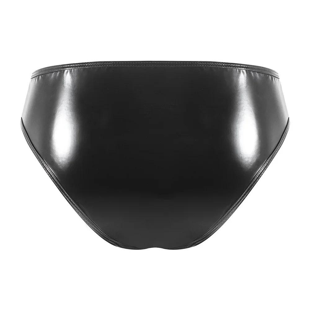 Mens Sexy Underwear with Press Button Big Penis Pouch Erotic Faux Leather Briefs Open Crotch Pouch Male Panties Gay Underpants