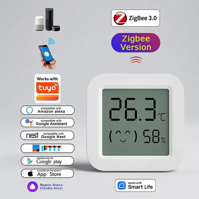 مستشعر درجة الحرارة والرطوبة بتقنية زيجبي للمنزل الذكي مع شاشة LCD، يعمل مع تطبيقات تويا وأليكسا وجوجل هوم وسمارت لايف ويانديكس