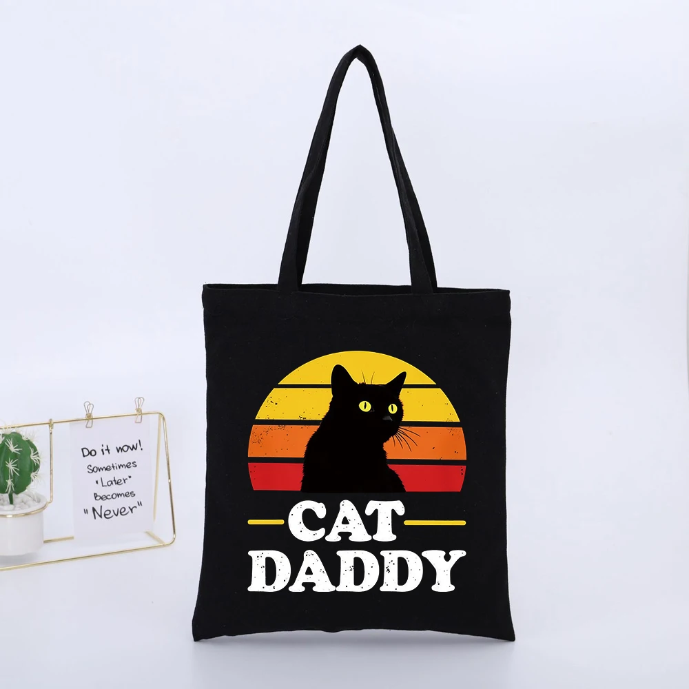 Black Canvas Tote Bag with Cat Graphic and Sunset Print, Retro Style for Daily Shopping and Casual Outings