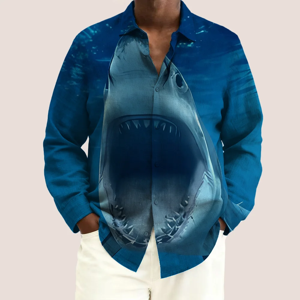 

S-9xl plus size Men's Shirt: Shark Edge - Big & Tall Fit, Soft Breathable Fabric, Sleek Shark Silhouette Prints,