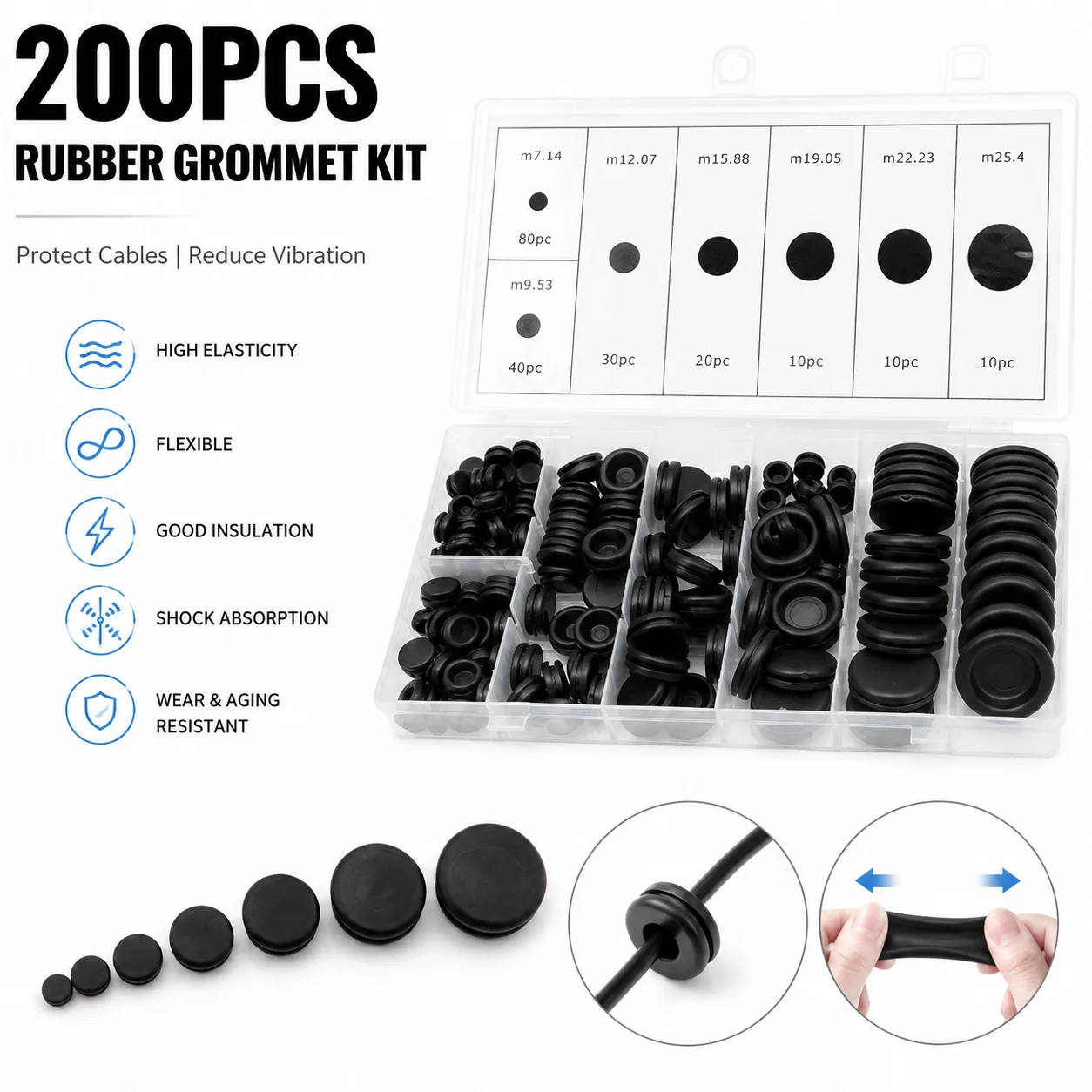 Insulation Waterproof Black 200 Piece Rubber Combination Kit Sealing Hole Ring, Mechanical Shell Through-hole Protective Gasket