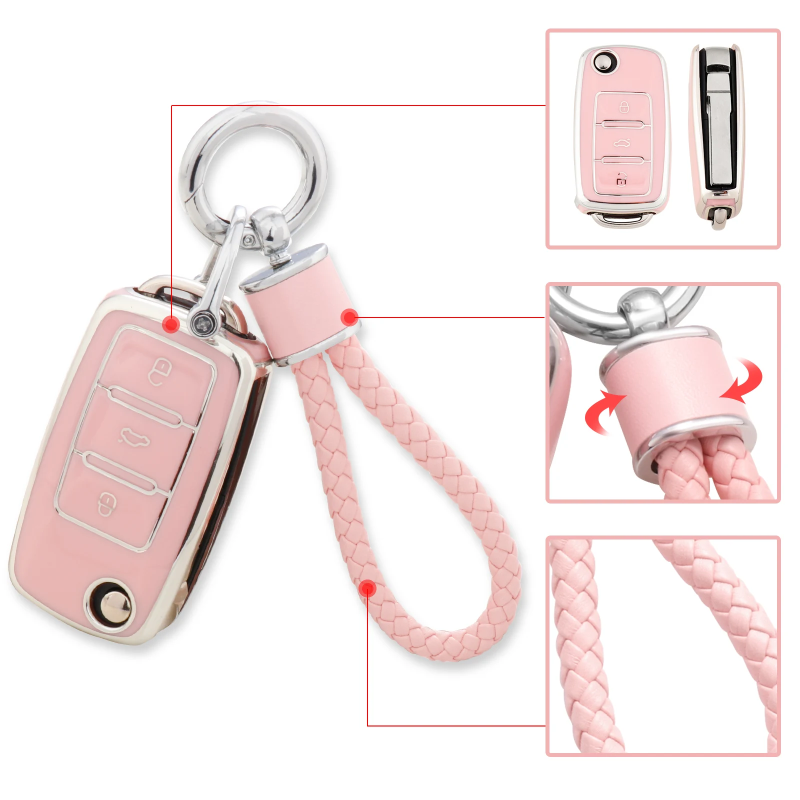 for VW Volkswagen Key Fob Cover with Keychain, Pink Soft TPU Key Case Protection Fit for Jetta Golf Polo MK6 Passat Tiguan Beetl