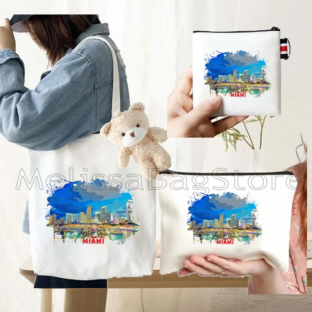 4PCS Gifts Set Miami Florida White Canvas Tote Bag Handbag with Doll Key Coin Purse Cosmetic Makeup Toilet Bag Case Pouch