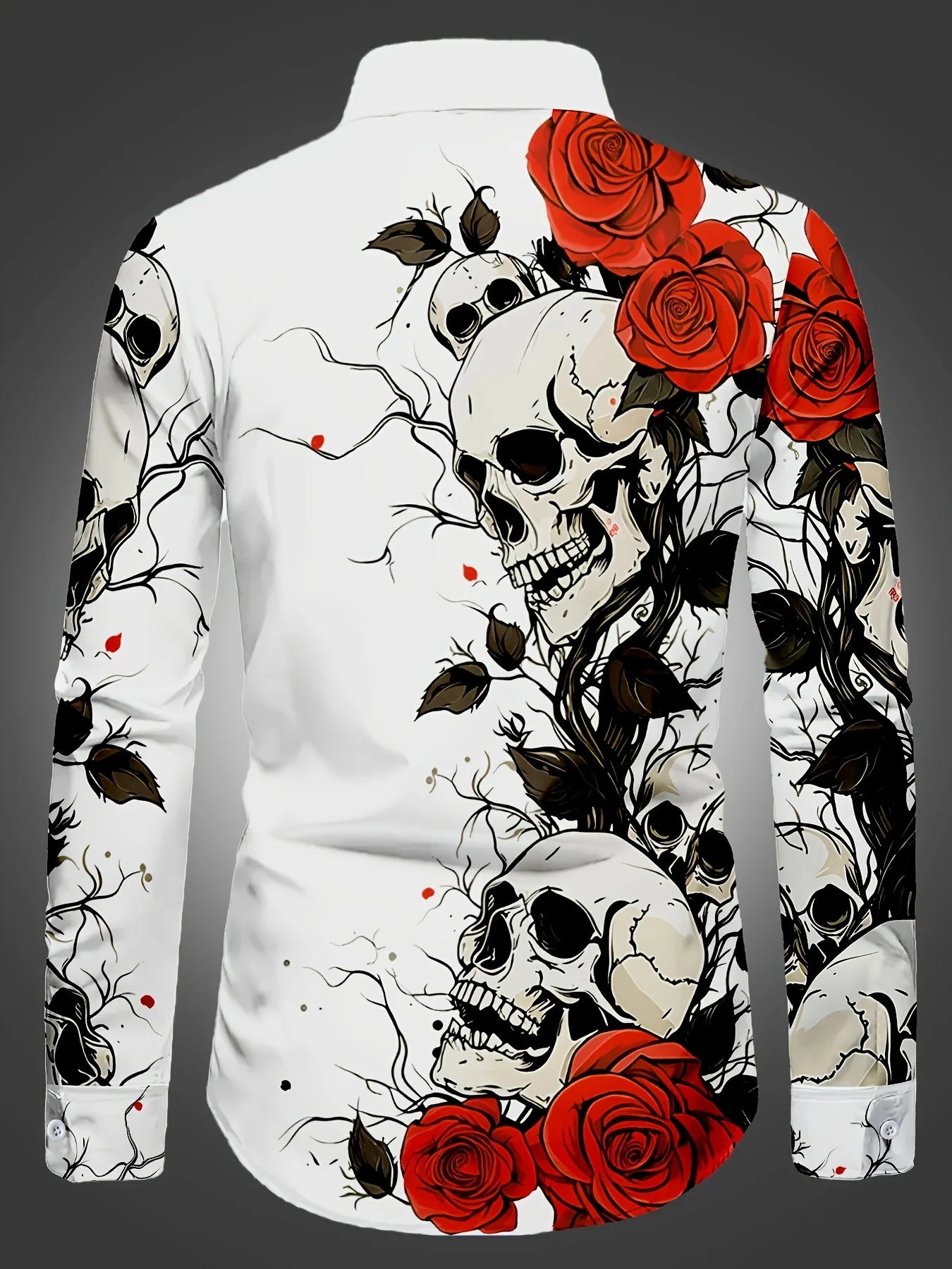Men's Long Sleeve Button up Shirt, 3D Skull & Red Rose Print, Lapel Gothic Streetwear Tops, Punk Shirt for Halloween Party Night
