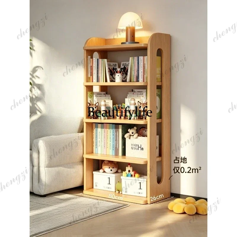 Solid wood bookshelf Floor shelf Children's picture book storage Reading area Storage bookcase Integrated against the wall d178