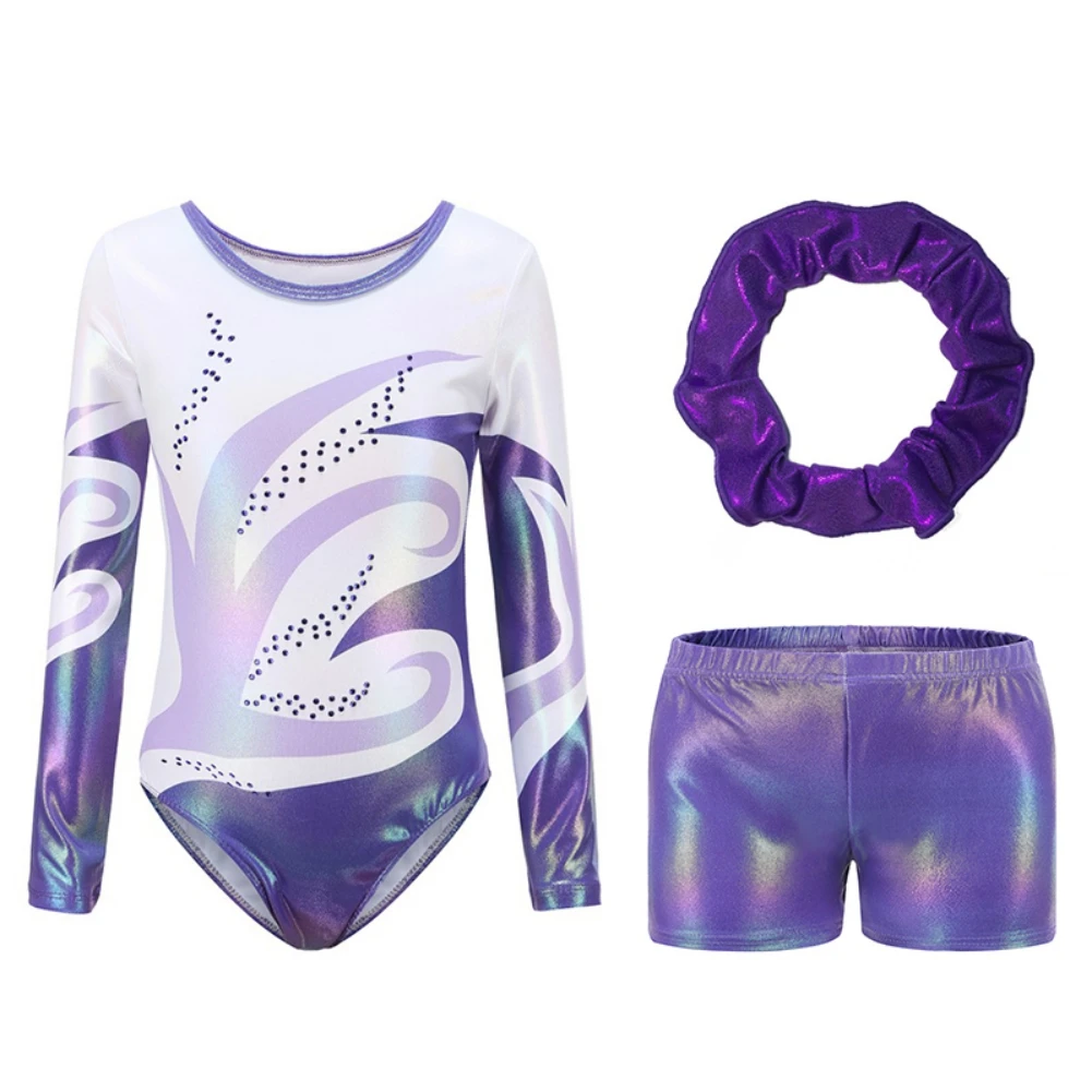 3Pcs/set Girls Gymnastics Embroidery Brethable Leotards for Girls Gymnastics Embroidery Glitter Tumbling Shorts Bottoms 5-12Y