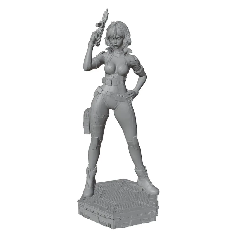Short-Haired Sexy Girl Holding a Machine Gun. 1/24 Miniature Resin Statue, 75mm Handmade Model Kit, 3D Printed, Unpainted Resin Model That Requires Hand Painting, Perfect for Tabletop Games and Role-Playing Games, Unique Christmas Gift, Collectible Miniature | Complex Designs |   3D Printed Models Showcase Hand-Drawn Artistic Styles
