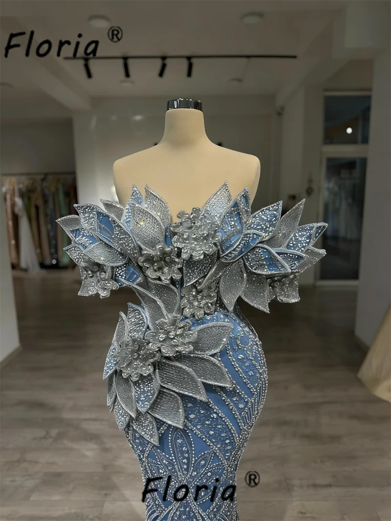 Luxo azul sereia vestido de noite com folhas 3d frisado apliques vestidos de festa de casamento 2026 novo dubai personalizado vestidos de gala