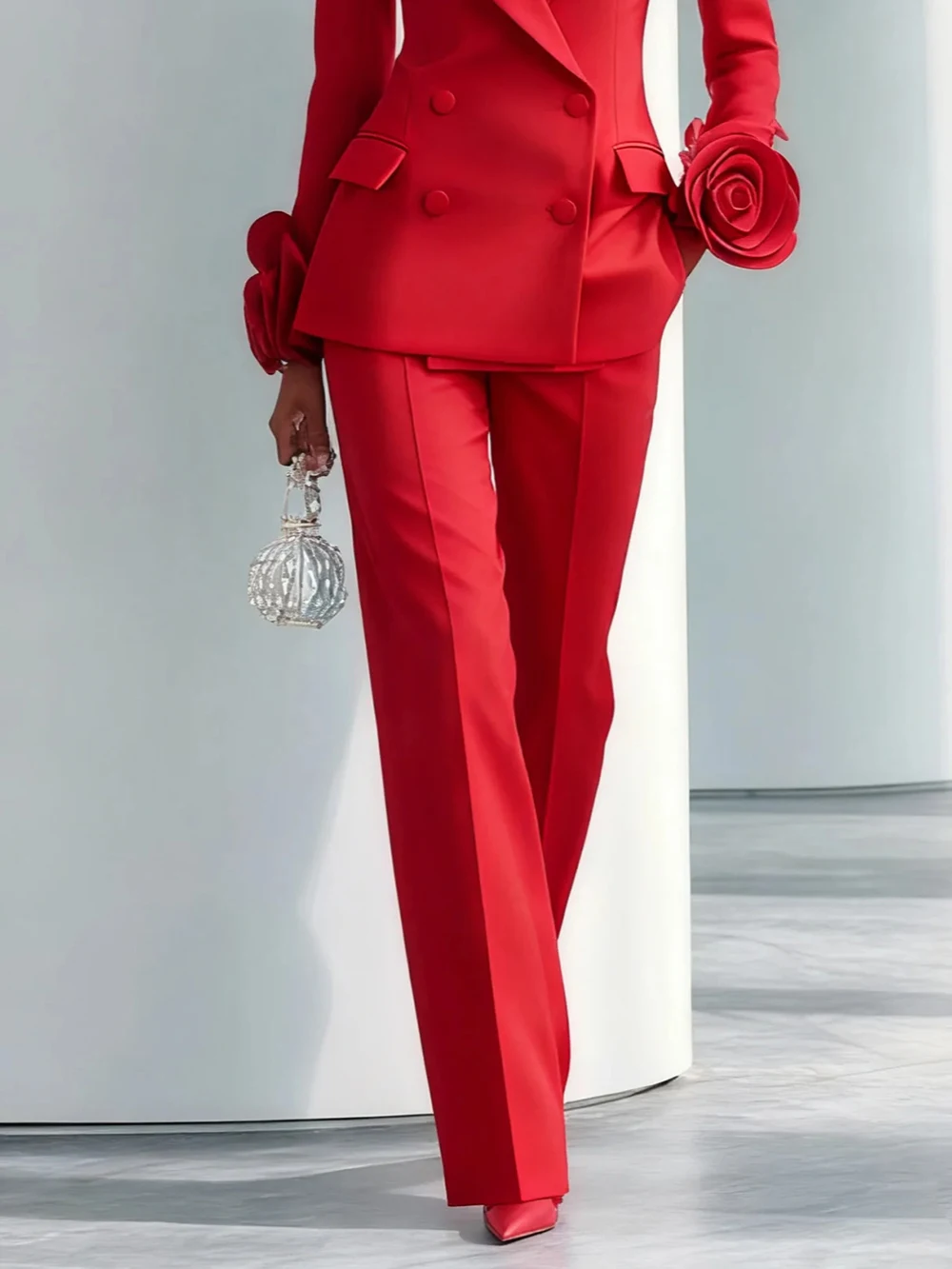 2-teilige rote Blumen-Hosenanzüge für Damen mit langen Ärmeln, maßgeschneidert, formelle Damenbekleidung, Gastparty-Blazer-Sets – Detail 3