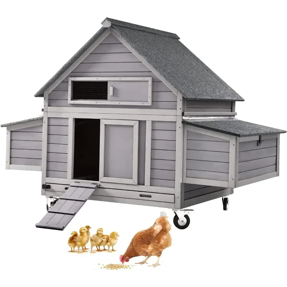 Chicken Coop Poultry Cage on Wheels Outdoor Duck Coop Wooden Hen House with Large Nesting Box, Movable Cages & Accessorie