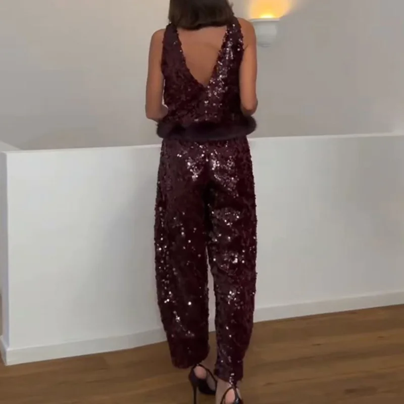 Sexy Shinny Paillettes Gilet Pantalone O Colletto Orlo peloso Halter Top Pantaloni larghi solidi 2025 Nwe Lady Fashion Party Streetwear