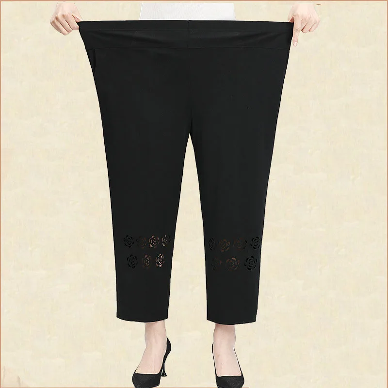 5XL 6XL 8XL Summer Women Thin Cropped Pants New Elastic High Waist Straight Pants Hollow Loose Middle-aged Female Casual Pants
