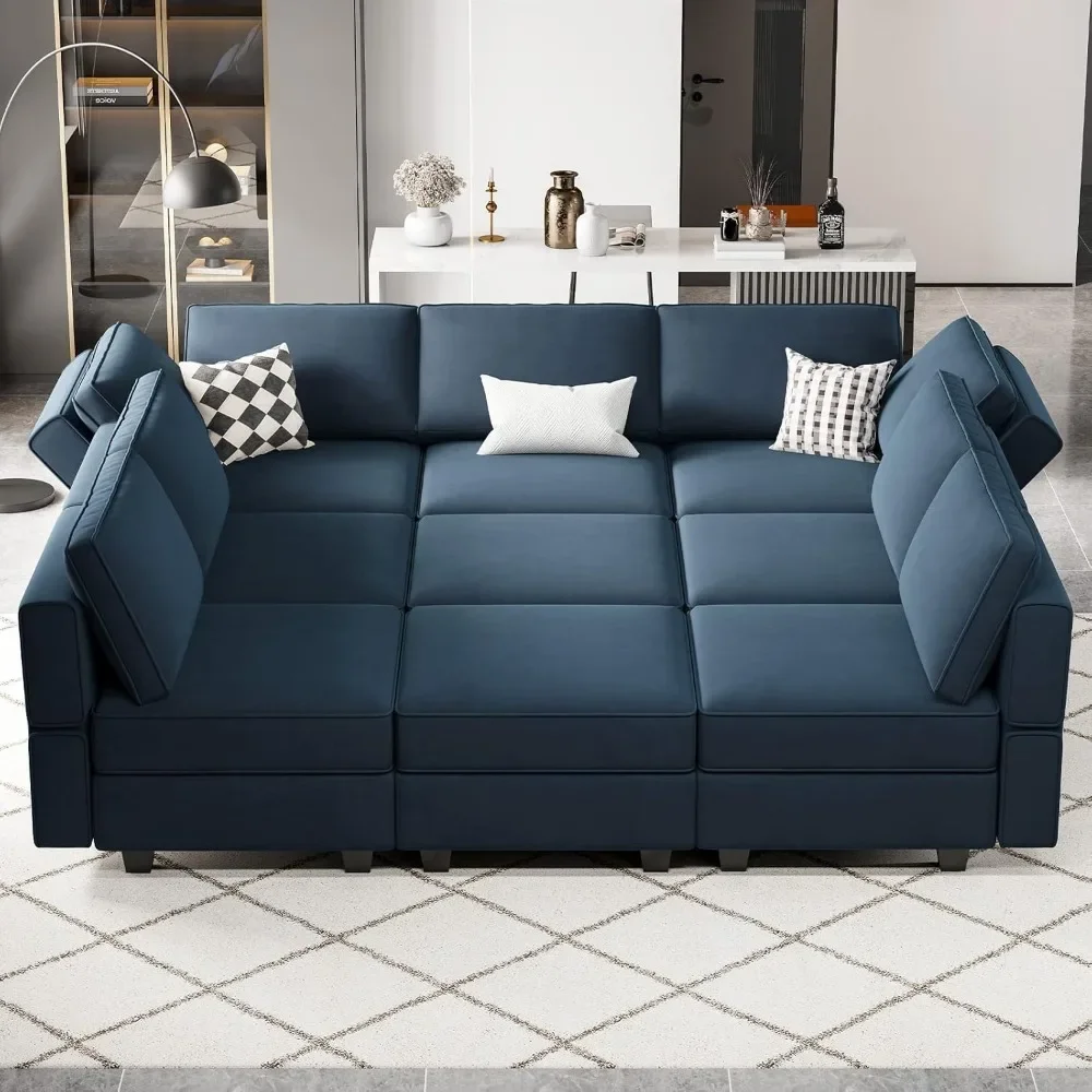 Modular sofa with ottoman, velvet reversible modular sofa with chaise longue, modular sofa bed with storage seat, blue