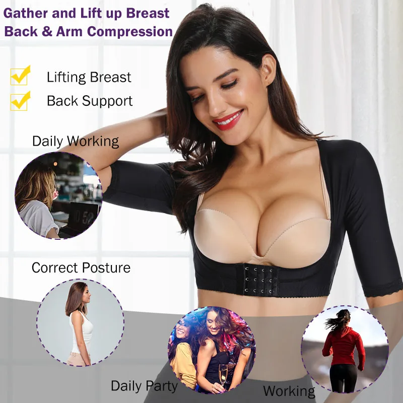 Upper Arm Shaper for Women Post Surgery Compression Sleeves Slimmer Posture Corrector Top Front Closure Breast Support Shapewear