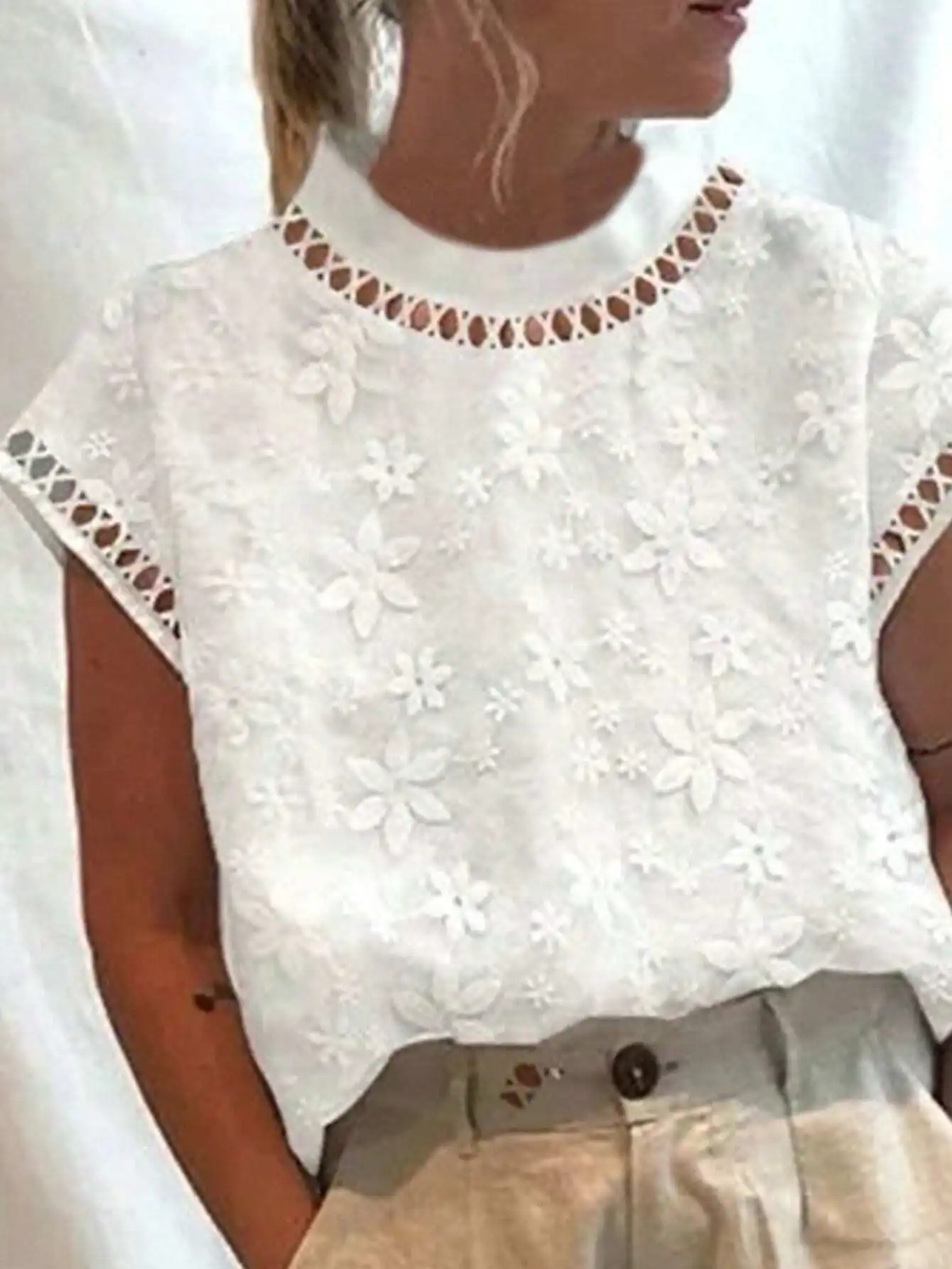 

Loose Fit Floral Embroidered Short Sleeve Round Neck Blouse Summer